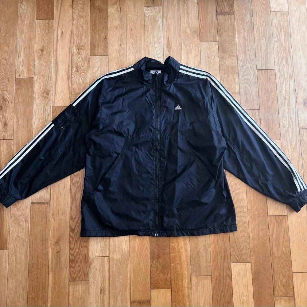 Vintage Adidas Mens Black Windbreaker Full Zip Front Nylon Jacket Size XXL